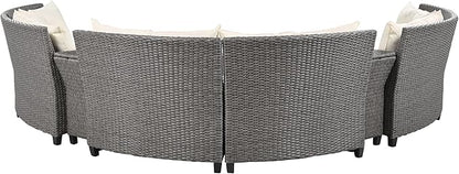 Merax Patio Furniture Sets for 6, Fan-Shaped All Weather Outdoor HDPE Rattan Sofa with Cushions and Table, Suitable for Garden, 9-Piece, Beige