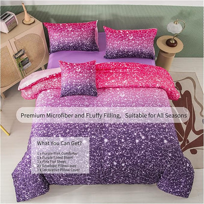 RYNGHIPY 6Pcs Queen Gradient Pink Purple Glitter Comforter Sets for Teens Girls Kids, Colorful Rainbow Glitter Themed Bedding Set