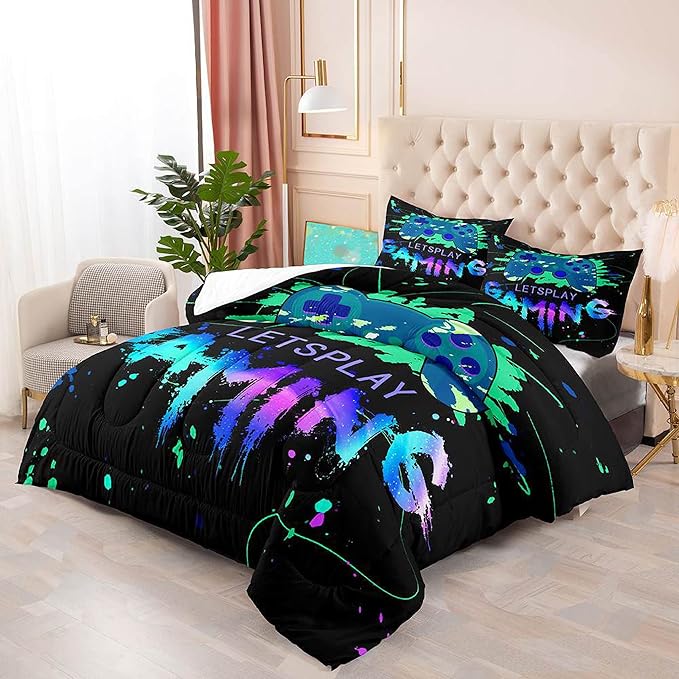 Game Comforter Set Video Gaming Bedding Sets Gamer Room Decor Full Size Colorful Black Gamepad Soft Game Bedding Set for Boys Teen 1 Comforter and 2 Pillowcases