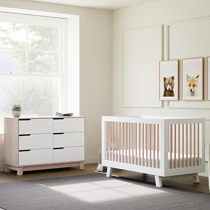 Babyletto Hudson 3-in-1 Convertible Crib with Toddler Bed Conversion Kit in White and Washed Natural, Greenguard Gold Certified