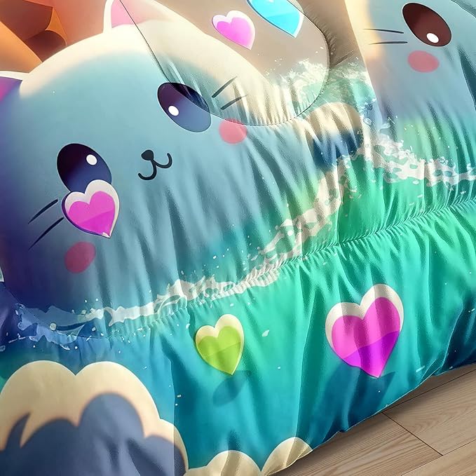 Cat Comforter Set - Cartoon Cat Twin Bedding Set for Girls Cute Cat Rainbow Printed Kids Bedding Set for Girls Kids Teens All Season Kawaii Cat Twin Quilt Set, 1 Comforter+1 Pillowcase