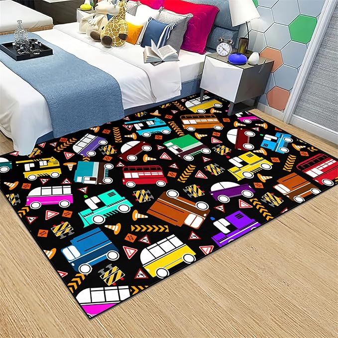 Car Rug Play Mat Kids Rugs for Playroom Car Rug for Boys Room Kids Mat Construction Play Mat Car Play Rug Car Carpet for Kids Carpet for Bedroom Truck Rugs for Boys Room,Black 2'5''×4'