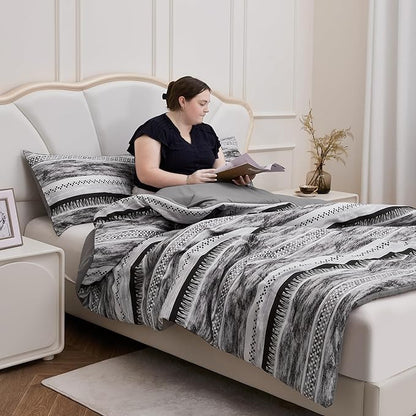 Striped Queen Size Comforter Set, Grey Black 3 PCS Microfiber Soft Lightweight Bedding Set