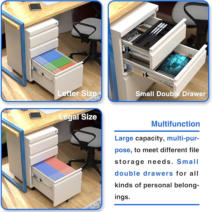 Mobile File Cabinet Under Desk, 3 Drawers Metal File Cabinet with Wheels, Rolling Filing Cabinets with Lock for Home Office Letter/Legal/A4