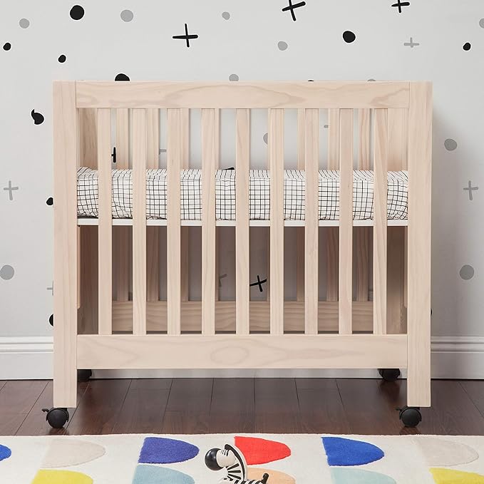 Babyletto Origami Mini Portable Crib Folding with Wheels in Washed Natural, 2 Adjustable Mattress Positions, Greenguard Gold Certified