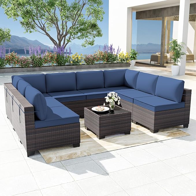 Patio Furniture Set 9-Pieces Outdoor Furniture for Backyard Wicker Sectional Sofa Set, Rattan Patio Conversation Set with Thickened Cushions and Glass Coffee Table, Navy Blue