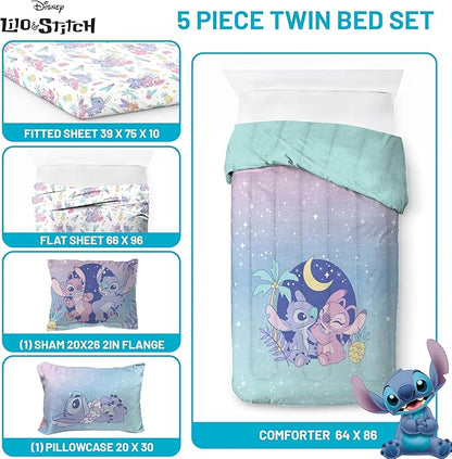 Disney Lilo and Stitch Twin Size Comforter Set - 5 Piece Floral Bedding includes Sheet Set & Pillow Covers Features Angel - Super Soft Purple & Teal Stars Kids Bedding