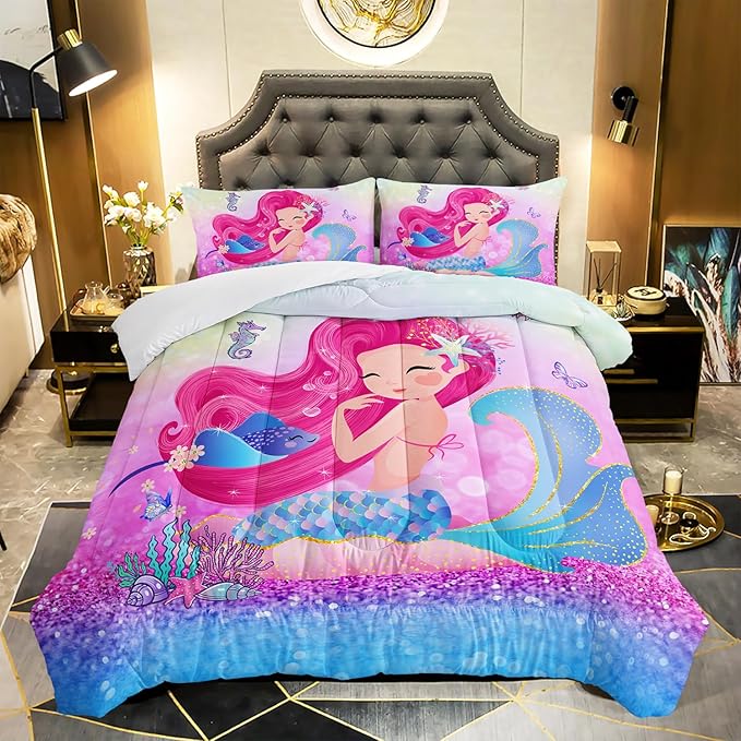 Mermaid Butterfly Comforter Set Full Size Fairy Tale Sea Shell Grass Bedding Set Colorful Rainbow Quilt Bed Set for Kid Girls with 1 Comforter and 2 Pillowcases