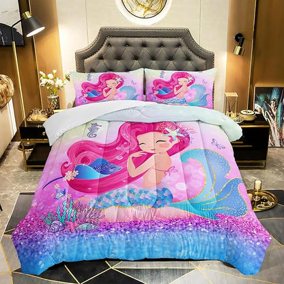 Mermaid Butterfly Comforter Set Full Size Fairy Tale Sea Shell Grass Bedding Set Colorful Rainbow Quilt Bed Set for Kid Girls with 1 Comforter and 2 Pillowcases