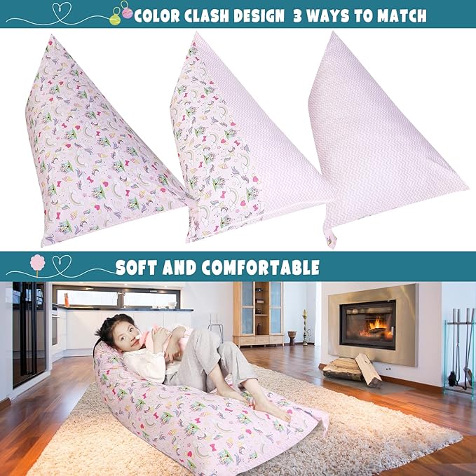 Stuffed Animal Storage Bean Bag Chair Cover, Cotton Pink Unicorn Rainbow Plush Toy Storage Stuff and Sit Seat for Kids/Teens/Adults, 52" x 31" Extra Large Triangle Sofa, 200L/52Gal, Cover Only