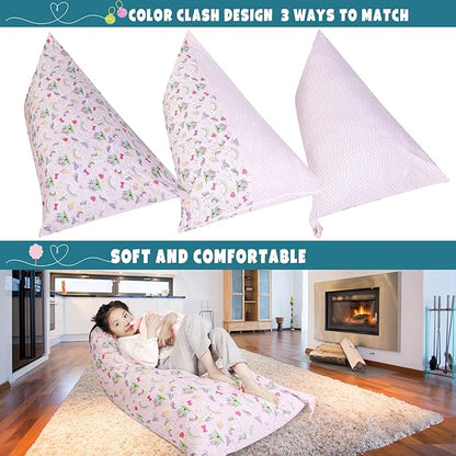 Stuffed Animal Storage Bean Bag Chair Cover, Cotton Pink Unicorn Rainbow Plush Toy Storage Stuff and Sit Seat for Kids/Teens/Adults, 52" x 31" Extra Large Triangle Sofa, 200L/52Gal, Cover Only