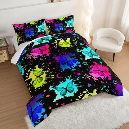 HOSIMA Colorful Butterfly Comforter Set for College Girls and Boys Full Size Bed in a Bag Set,3Pcs Bedding Set Colorful Ink Print Comforter with 2 Pillowcases,Star Moon Black Comforter.