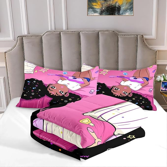 Black African American Girls Full Size Comforter Sets - Black Girl Full Size Bedding Sets for Girls Pink Princess Bedroom Sets Room Decor Full Size Comforter Set, 1 Comforter+2 Pillowcases