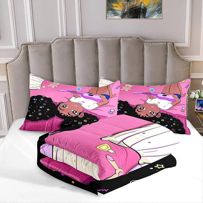 Black African American Girls Full Size Comforter Sets - Black Girl Full Size Bedding Sets for Girls Pink Princess Bedroom Sets Room Decor Full Size Comforter Set, 1 Comforter+2 Pillowcases