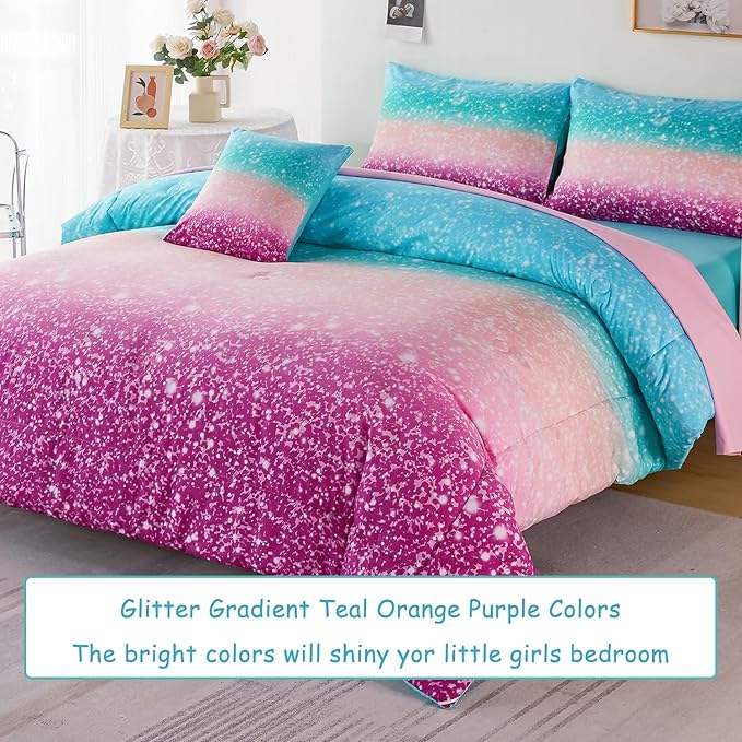 URBONUR Twin Bedding Set for Girls 6Pcs Bed in a Bag Gradient Tie Dye Pastel Aqua Comforter Set with Sheets, Soft Microfiber All Season Bed Sets (Multi, Twin Size)
