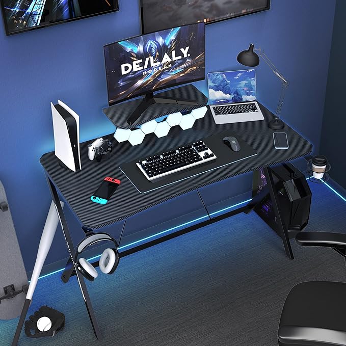 45IN Gaming Desk Gamer Table Carbon Fiber Surface Computer Table Gamer Desk with Monitor Shelf Office Home Study Desk Work PC Table Steel Legs Corner Desk Black