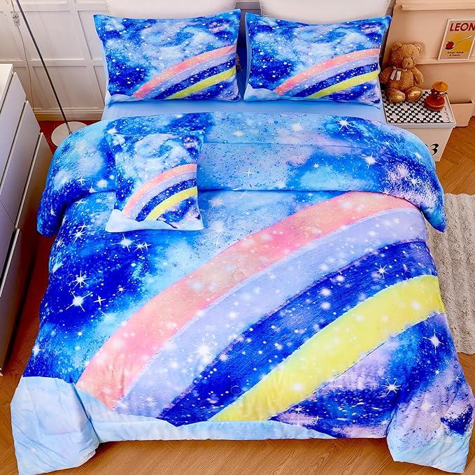 Tie Dye Queen Comforter Sets for Girls 6 Pieces Glitter Rainbow Bed in A Bag for Kids Gradient Galaxy Bed Set Soft Lightweight Colorful Bedding Set for All Season