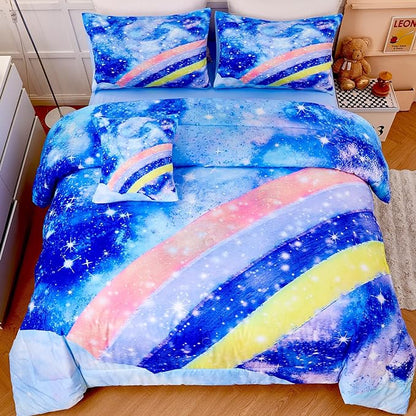Tie Dye Queen Comforter Sets for Girls 6 Pieces Glitter Rainbow Bed in A Bag for Kids Gradient Galaxy Bed Set Soft Lightweight Colorful Bedding Set for All Season