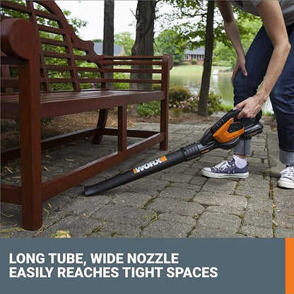 Worx 20V Cordless Leaf Blower WG545.1, Up to 120 MPH Air Speed, Long Nozzle Design for Narrow Spaces, Ideal for Indoor and Outdoor Cleaning, 9x Cleaning Attachments, Battery and Charger Included