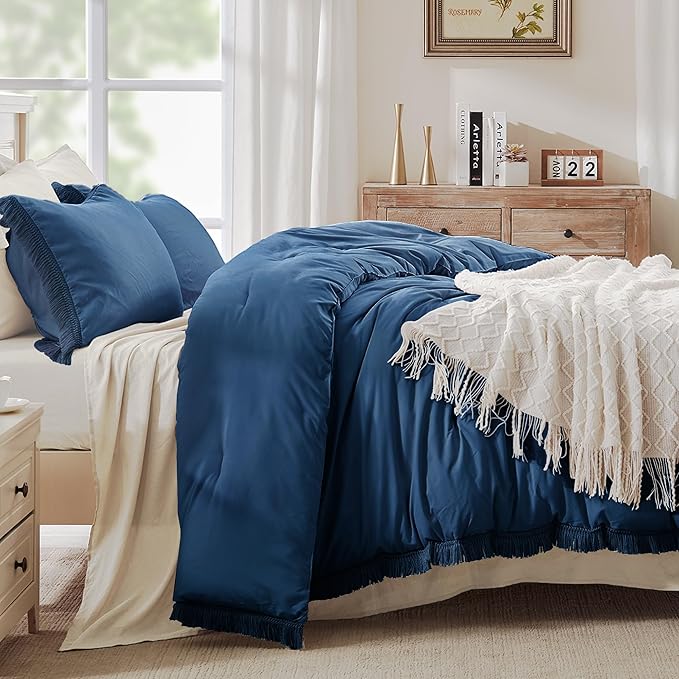 Andency Navy Blue Comforter Set Twin Size, 2 Pieces Boho Tassel Lightweight Bedding Comforter Sets, All Season Soft Fluffy Fringe Bed Set (66x90In Comforter & 1 Pillowcase)