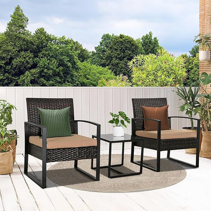 3 Pieces Patio Furniture Set, Outdoor Patio Set, Patio Bistro Set, All-Weather Wicker Conversation Set with Cushions Table for Porch Backyard (Brown-Brown)