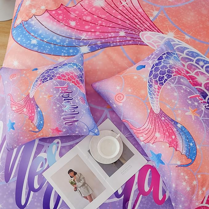 RYNGHIPY Full Bed in a Bag for Kids Teens Girls 6 Pieces, Soft Bedding for All Seasons, Cute Mermaid Tail Kids Bedding Set, Leightweight Girls Fluffy Bed Set