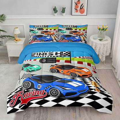 Axolotl Racing Car Bedding Set Twin,Cool Speed Race Car Down Comforter for Kids Boys Girls Teens,Racing Car Comforter Set Car Theme with Three Cars Arrive at Finish,1 Comforter and 2 Pillowcases