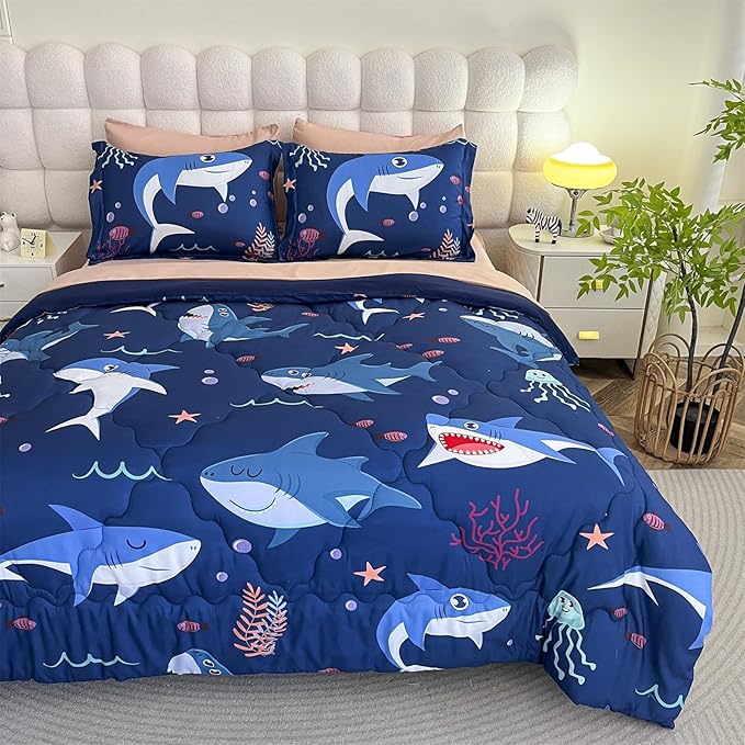 Boys Sharks Comforter Set Full Size 7 Piece Cute Ocean Animal Jellyfish 3D Printed Bedding Set Bed in A Bag for Kids Girls Teens Lightweight Soft Bed Set All Seasons Navy Blue