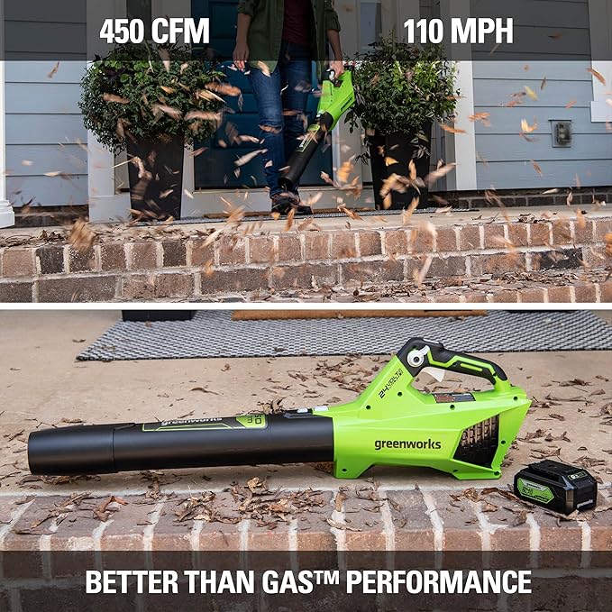 Greenworks 24V (110 MPH / 450 CFM / 125+ Compatible Tools) Cordless Brushless Axial Leaf Blower, Tool Only