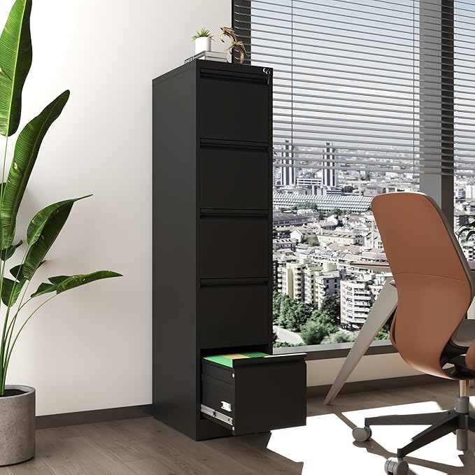 5 Drawer Vertical File Cabinet, Metal File Cabinets with Lock for Home Office, Heavy Duty Office Steel Filing Cabinet for Hanging Files for A4/ Legal/Letter,Assembly Required (Black)