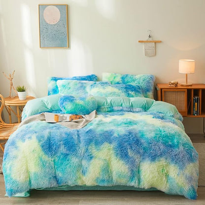 Tie dye Plush Fluffy Comforter Cover Set Queen - Ultra Soft Faux Fur tie dye Bedding Sets 3 Pieces (1 Shaggy Duvet Cover + 2 Pillow case) Fluffy Bed Set (Tie Dye Mint, Queen)