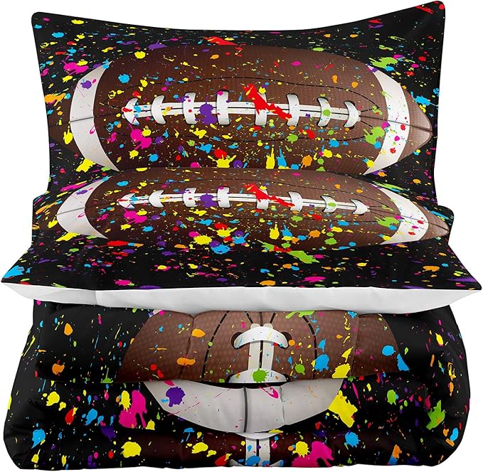 Tailor Shop Football Comforter Set for Boys Kids Teens 3D Colorful Splash Ink Football Sports Bedding Set Full Size with 1 Comforter 2 Pillow Shams……