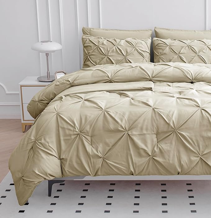 LANE LINEN Twin Comforter Set, 5 Piece Twin Size Bed in a Bag Sets, Pintuck Bedding Sets & Collections with Down Alternative Comforter, Sheets, Pillowcases & Shams, Ultra Soft Twin Bed Set - Linen
