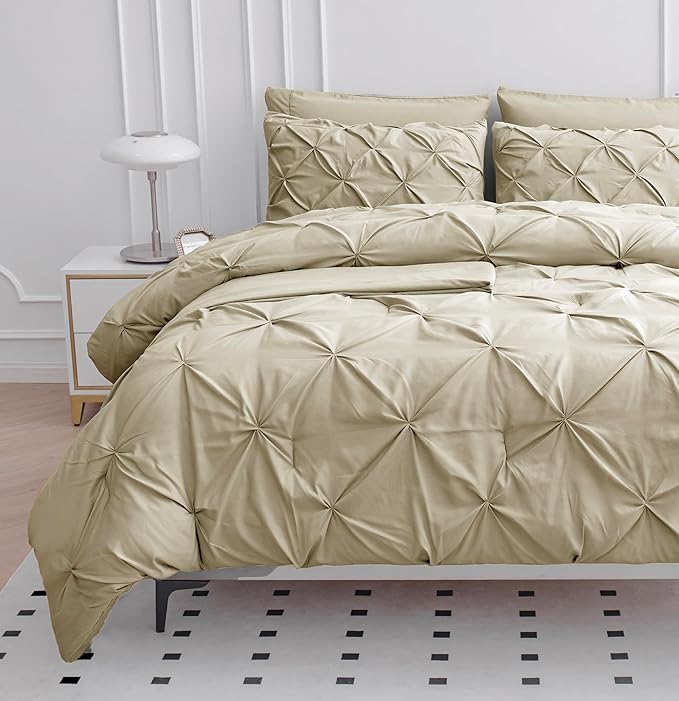 LANE LINEN California King Comforter Set, 7 Piece Cal King Bed in a Bag, Pintuck Cal King Bedding Set, Soft Cali King Bed Set, Cal King Bedding Comforter Sets with Sheets, Pillowcases & Shams - Linen