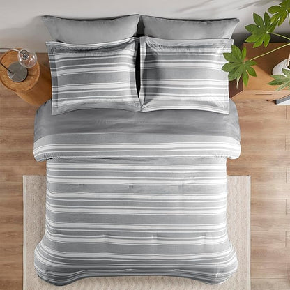 Full-size Bed in a Bag, Full Bedding Sets, Modern Farmhouse Grey and White Striped Comforter with Sheets, 7-Piece Complete Bedroom Set