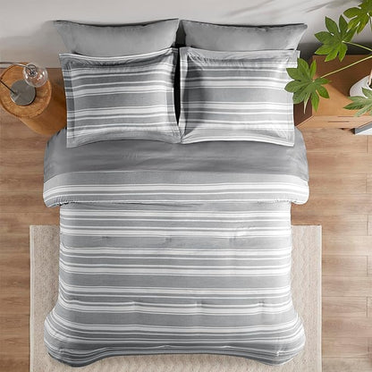 King Size Bed in a Bag, Full Bedding Sets, Modern Farmhouse Grey and White Striped Comforter with Sheets, 7-Piece Complete Bedroom Set