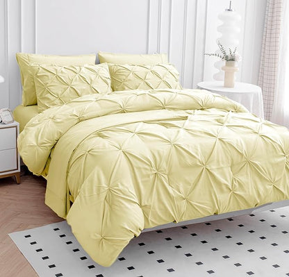 LANE LINEN Queen Comforter Set – 7 Piece Bed in a Bag – Pinch Pleated Queen Size Bedding Set with Comforter, Flat Sheet, Fitted Sheet, 2 Pillowcases & 2 Shams – Soft Pintuck Bed Set – Vanilla