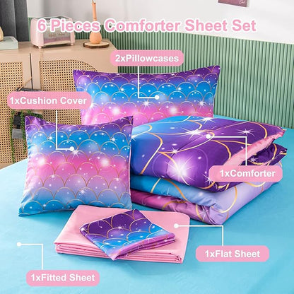 PERFEMET 6Pcs Pink Mermaid Comforter Set Queen Size 3D Glitter Bed in A Bag for Teens Girls Women Colorful Rainbow Bedding Set with Comforter and Sheets Ultra Soft Fuzzy Bed Comforter Quilted Set