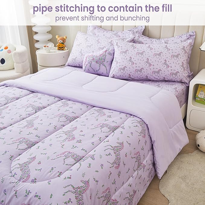 Mooreeke Full Size Comforter Sets for Girls Kids, 8 Pieces Bed in a Bag Purple Floral Unicorn Bedding Comforter Sheet Set with Shams and Decorative Toy Pillow, Ultral Soft Microfiber Kids Bed Set