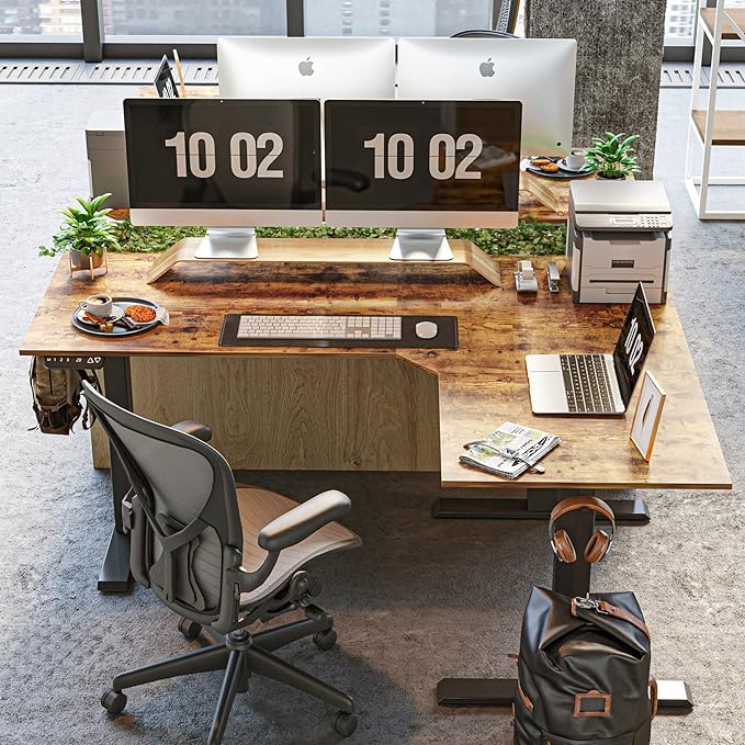 FEZIBO Triple Motor 63" L Shaped Standing Desk, Electric Standing Gaming Desk Adjustable Height, Corner Stand up Desk with Splice Board, Black Frame/Rustic Brown Top