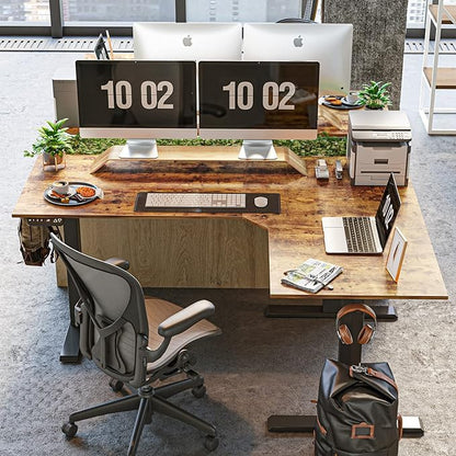 FEZIBO Triple Motor 63" L Shaped Standing Desk, Electric Standing Gaming Desk Adjustable Height, Corner Stand up Desk with Splice Board, Black Frame/Rustic Brown Top