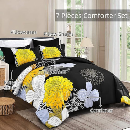 7 Pieces King Yellow Black Comforter Set Bed in a Bag Floral Bedding Set Soft Microfiber Comforter (1 Comforter 1 Flat Sheet 1 Fitted Sheet 2 Pillowshams 2 Pillowcases)