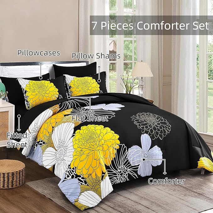Bed in a Bag Queen Yellow Black Comforter Set 7 Pieces Soft Microfiber Floral Bedding Set with 1 Comforter 1 Flat Sheet 1 Fitted Sheet 2 Pillowshams 2 Pillowcases