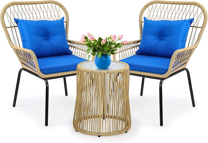 YITAHOME 3-Piece Outdoor Patio Furniture Wicker Bistro Set, All-Weather Rattan Conversation Chairs for Backyard, Balcony and Deck with Soft Cushions, Glass Side Table (Light Brown+Navy Blue)