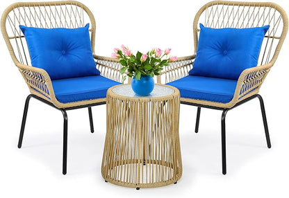 YITAHOME 3-Piece Outdoor Patio Furniture Wicker Bistro Set, All-Weather Rattan Conversation Chairs for Backyard, Balcony and Deck with Soft Cushions, Glass Side Table (Light Brown+Navy Blue)