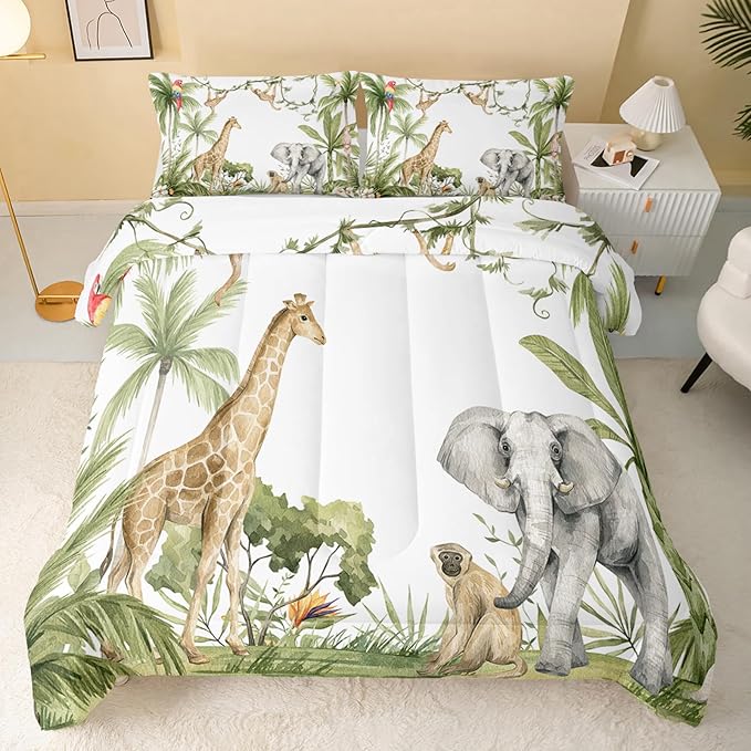 Elephant Giraffe Monkeys Comforter King Size,Wild Animals Kids Comforter Set,3Pcs Bedding Set Printed Comforter with 2 Pillowcases,Down Alternative,Soft and Lightweight,for All Seasons