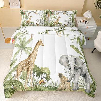 Elephant Giraffe Monkeys Comforter King Size,Wild Animals Kids Comforter Set,3Pcs Bedding Set Printed Comforter with 2 Pillowcases,Down Alternative,Soft and Lightweight,for All Seasons