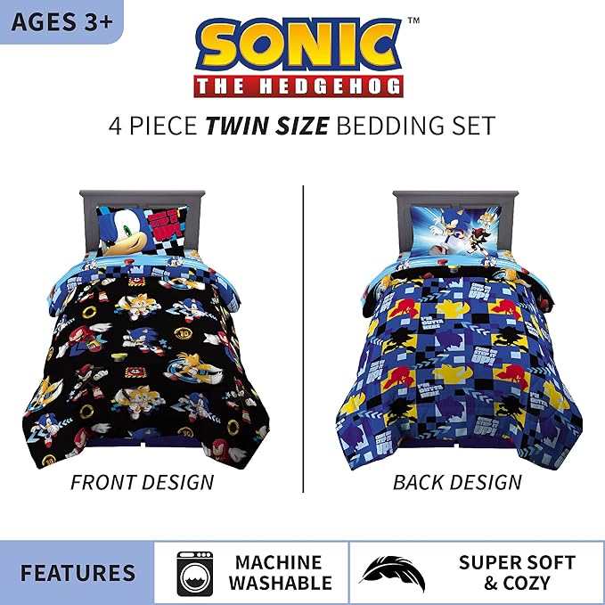 Sonic the Hedgehog Anime Kids Super Soft Comforter and Sheet Set, 4 Piece Twin Size by Franco, Prints may vary