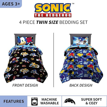 Sonic the Hedgehog Anime Kids Super Soft Comforter and Sheet Set, 4 Piece Twin Size by Franco, Prints may vary