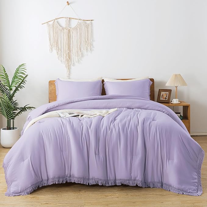 Andency Comforter King Size Bed Set Lavender, Purple 3 Pieces Boho Lightweight Winter Bedding Comforters & Sets, All Season Soft Tassel Bed Set (104x90In Comforter & 2 Pillowcases)